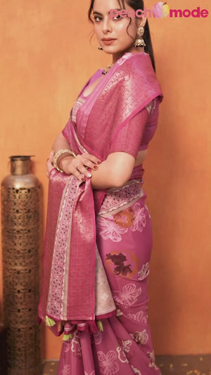 Pink Floral Printed Crepe Saree With Rich Zari Border