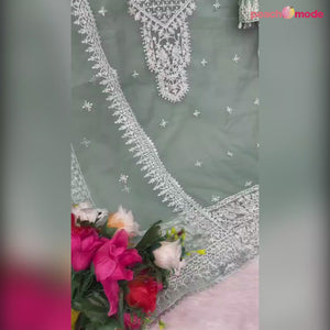 Green Embroidered Organza Pakistani Semi Stitched Dress Material