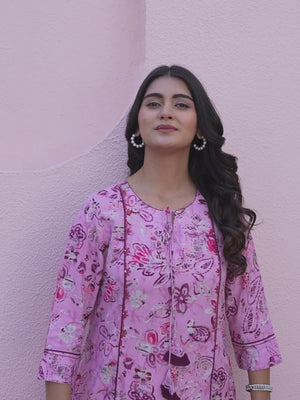 Light Purple Floral Printed Rayon A-Line Cut Kurti