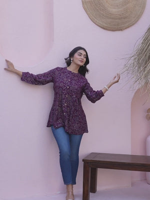 Purple Rayon A-Line Top with Elegant Floral Foil Prints