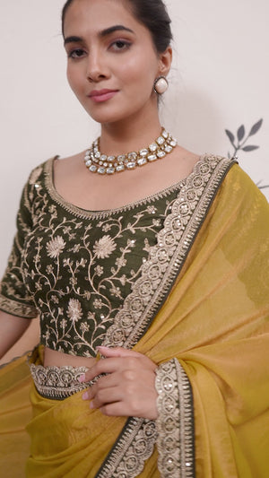 Sophisticated Dark Mustard Solid Moss Orgnaza Saree With Intricate Cording Sequin Embroidery Border