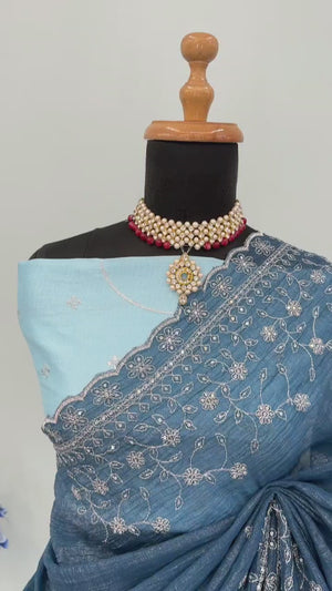 Dusty Blue Silk Blend Crush Saree Adorned With Floral Thread Embroidery & Sequins