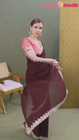 Brown Solid With Zari Embroidered Georgette Saree