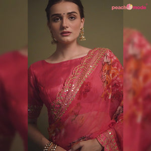 Pink Floral Printed Georgette Saree With Embroidered Border