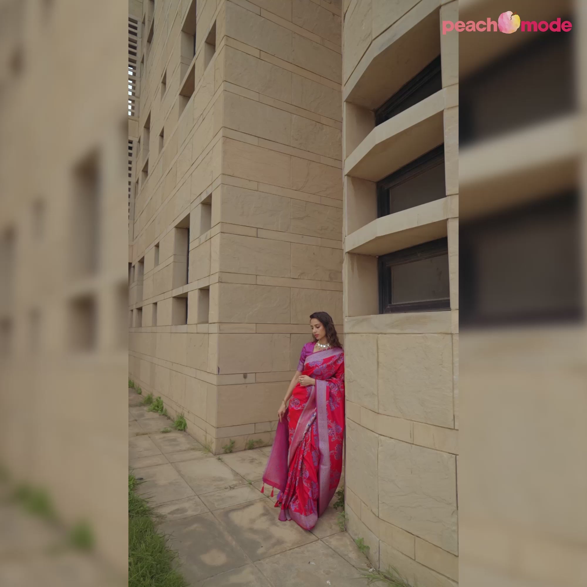 Pink Floral Woven Satin Saree With Tassels