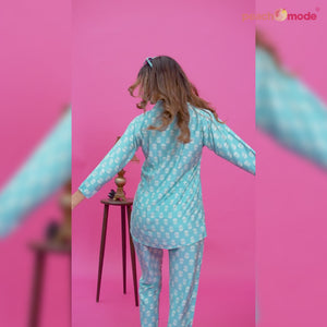 Turquoise Floral Printed Pure Silk Co Ord Set
