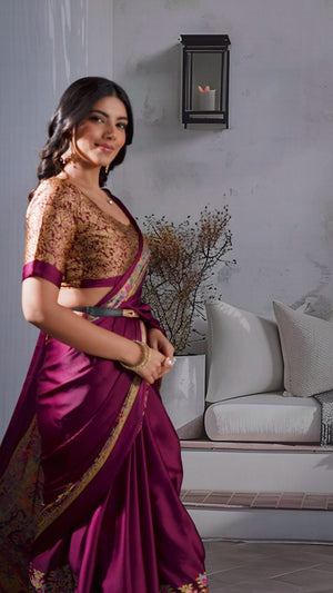 Classic Wine Solid Modal Satin Saree With Multicolor Traditional Folk Art Printed Border & Pallu