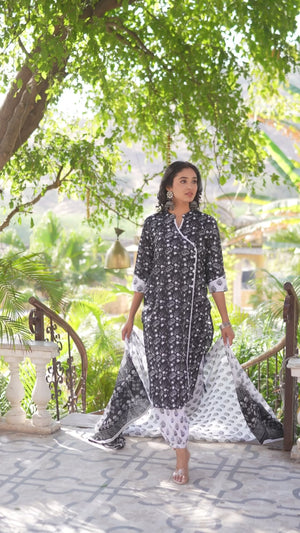Black Floral Printed Pure Cotton Angrakha Salwar Suit