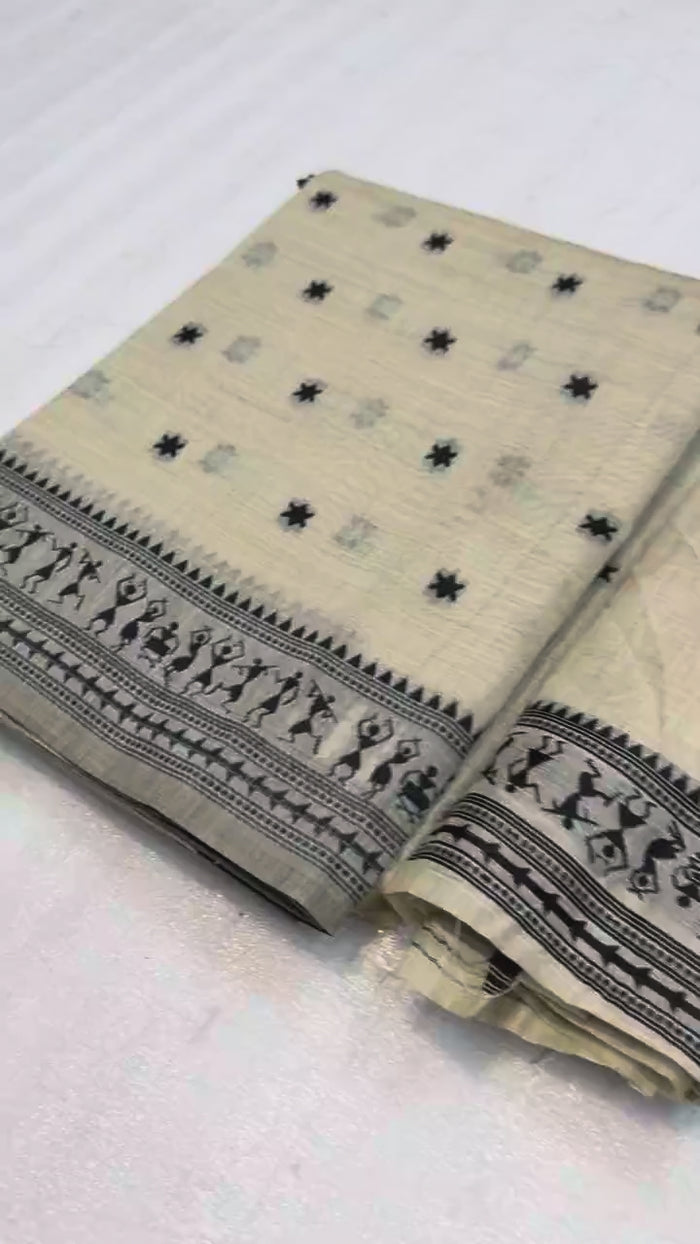 Peachmode Cream Tussar Cotton Silk Saree with Warli - Video