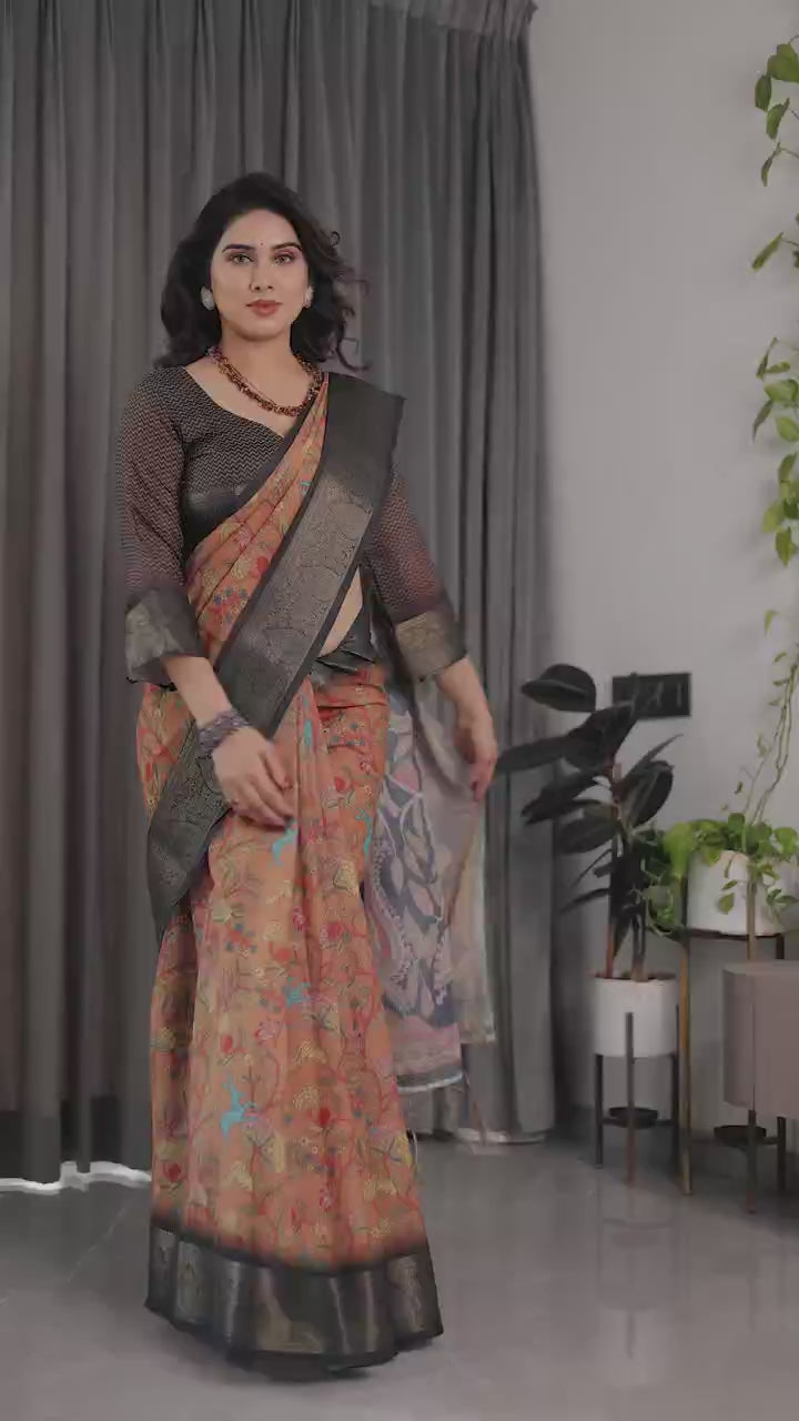 Peachmode Brown Handloom Linen Cotton Floral Print Saree - Video 3