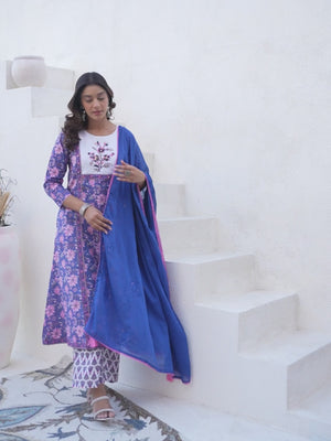 Blue Pure Cotton Salwar Suit with Floral Prints and Embroidered Neck