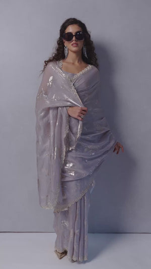 Designer Grey Satin Silk Saree Adorned with Foil & Stone Embellishments