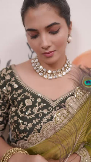 Sophisticated Olive Green Solid Moss Orgnaza Saree With Intricate Cording Sequins Embroidery Border