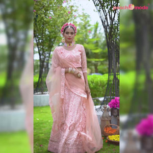 Peach Sequins Floral Embroidered Net Semi Stitched Lehenga Choli