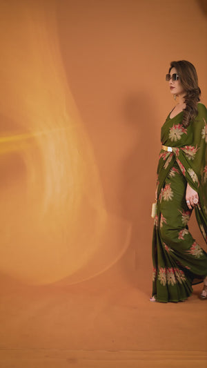 Mehendi Green Printed Saree with Zari Woven Charm in Satin Fabric