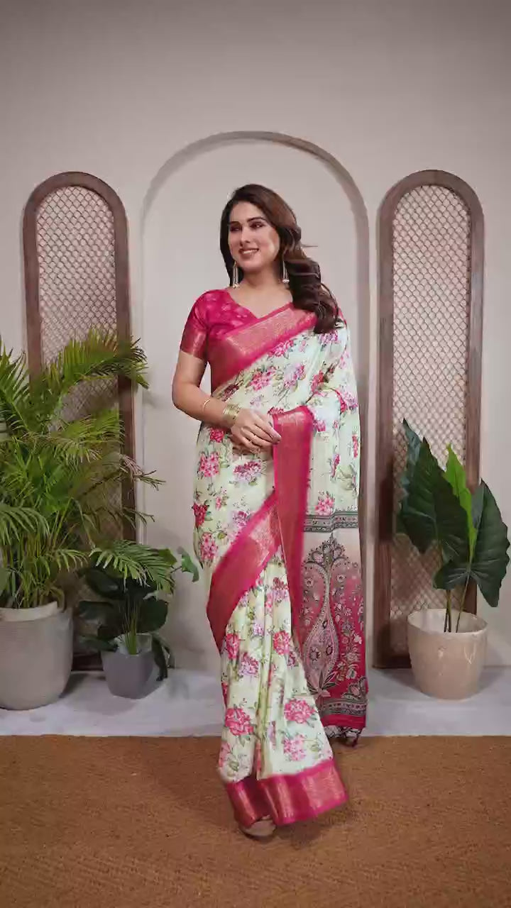 Peachmode Yellow Cotton Silk Floral Print Saree with Zari Border - Video 2