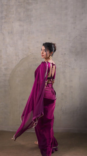 Wine Solid Chiffon Saree With Sparkling Zarkan Border & Latkan Pallu
