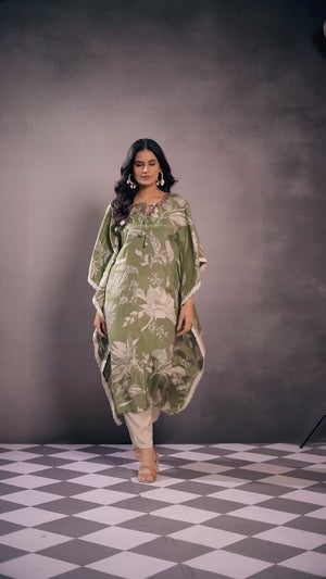 Green Floral Printed Muslin Kaftan Top Bottom Set