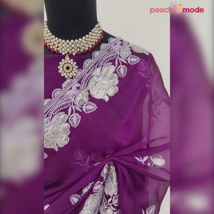 Magenta Floral Embroidered Satin Saree