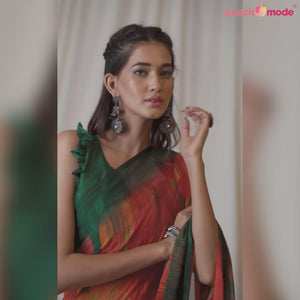 Pink & Green Printed Chiffon Saree