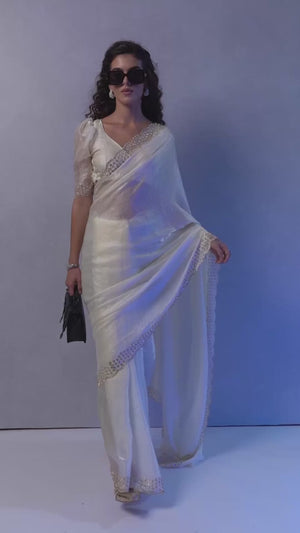 White Satin Saree with Glamorous Stone Embellishment