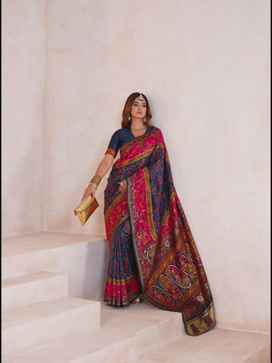 Traditional Navy Blue Rajwadi Weaving Pashmina Silk Saree With Kashmiri Pallu & Elegant Zari Border