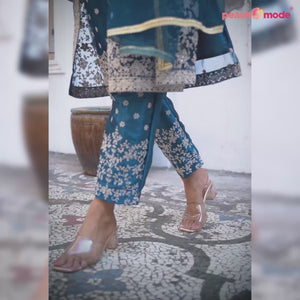 Blue Floral Embroidered Net Semi Stitched Pakistani Suit