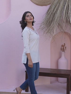 Soft Cream Floral Neck Embroidered Cotton Flex Top
