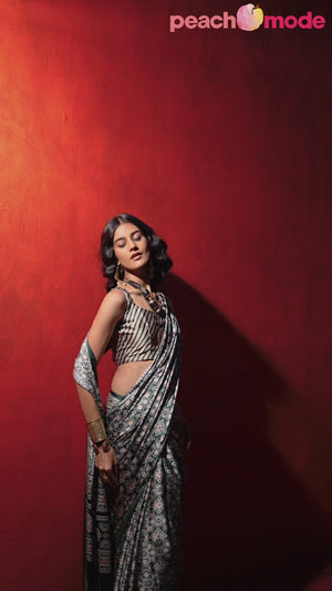 Classic Bottle Green Saree with Timeless Ajrakh Designs on Satin Crepe