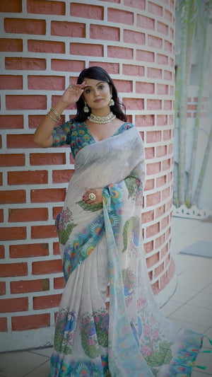 Beautiful Beige Tissue Handloom Saree with Detailed Floral Embellishments