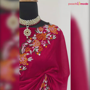 Pink Embroidery Vichitra Silk Saree With Floral Border