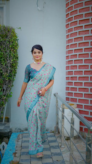 Beautiful Mint Green Tissue Handloom Saree with Digital Floral Embellishments