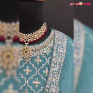 Blue Embroidered Chinon Semi Stitched Sharara Suit
