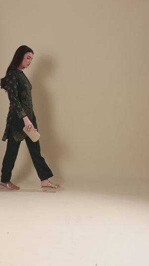 Bottle Green Woven Woolen Straight Top Bottom Set