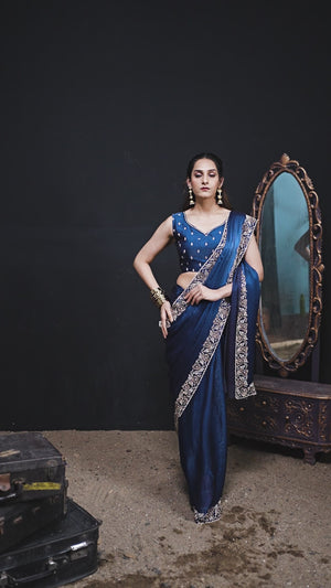 Luxurious Royal Blue Solid Satin Silk Saree Adorned With Floral Stone Work Border