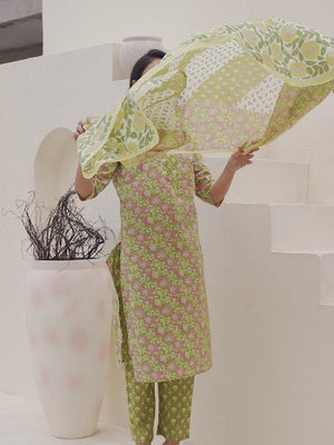 Olive Floral Printed Pure Cotton Suit in a Straight Silhouette for Everyday Ease