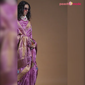 Purple Floral Woven Satin Saree With Tassels