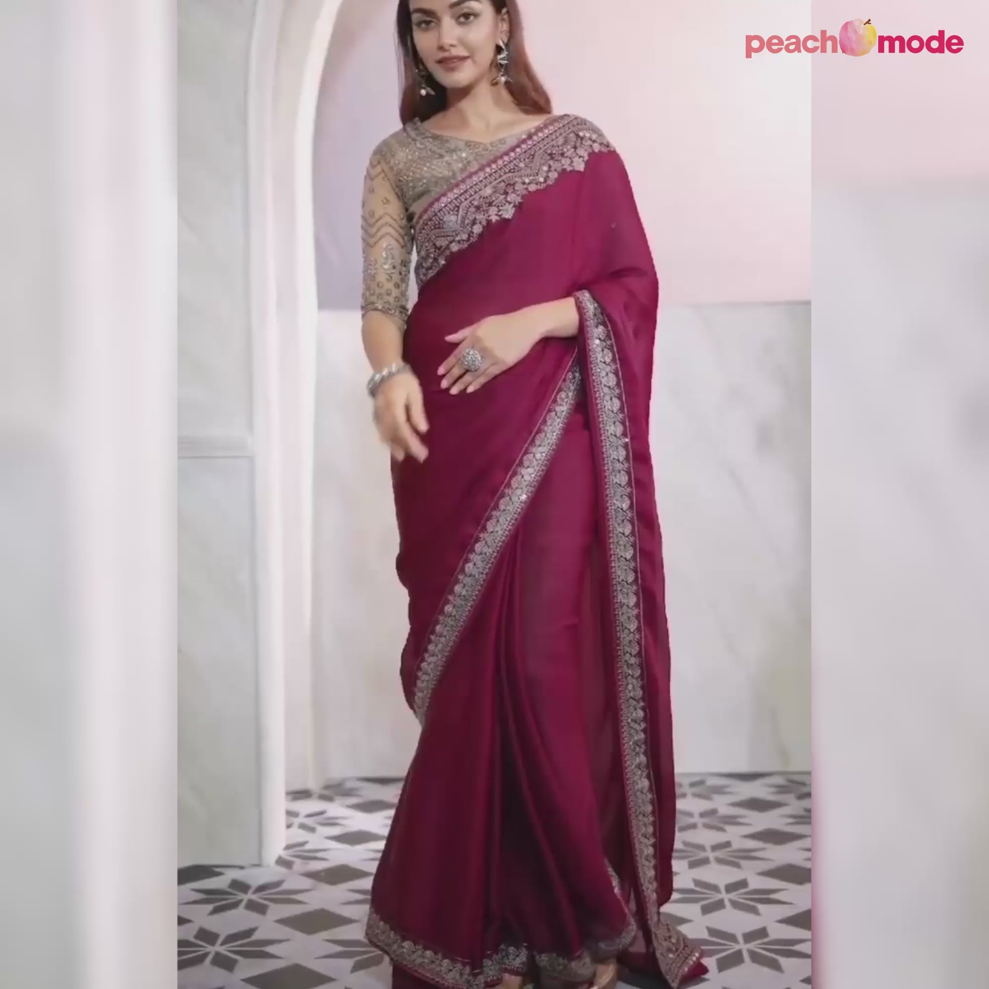 Magenta Floral Sequins Embroidered Satin Saree