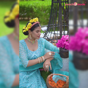 Blue Sequins Floral Embroidered Net Semi Stitched Lehenga Choli