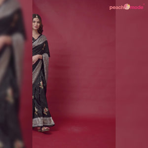 Black Floral Foil Printed Art Silk Saree