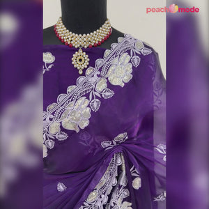 Purple Floral Embroidered Satin Saree