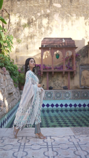 Off White & Blue Geometric Printed Rayon Straight Salwar Suit