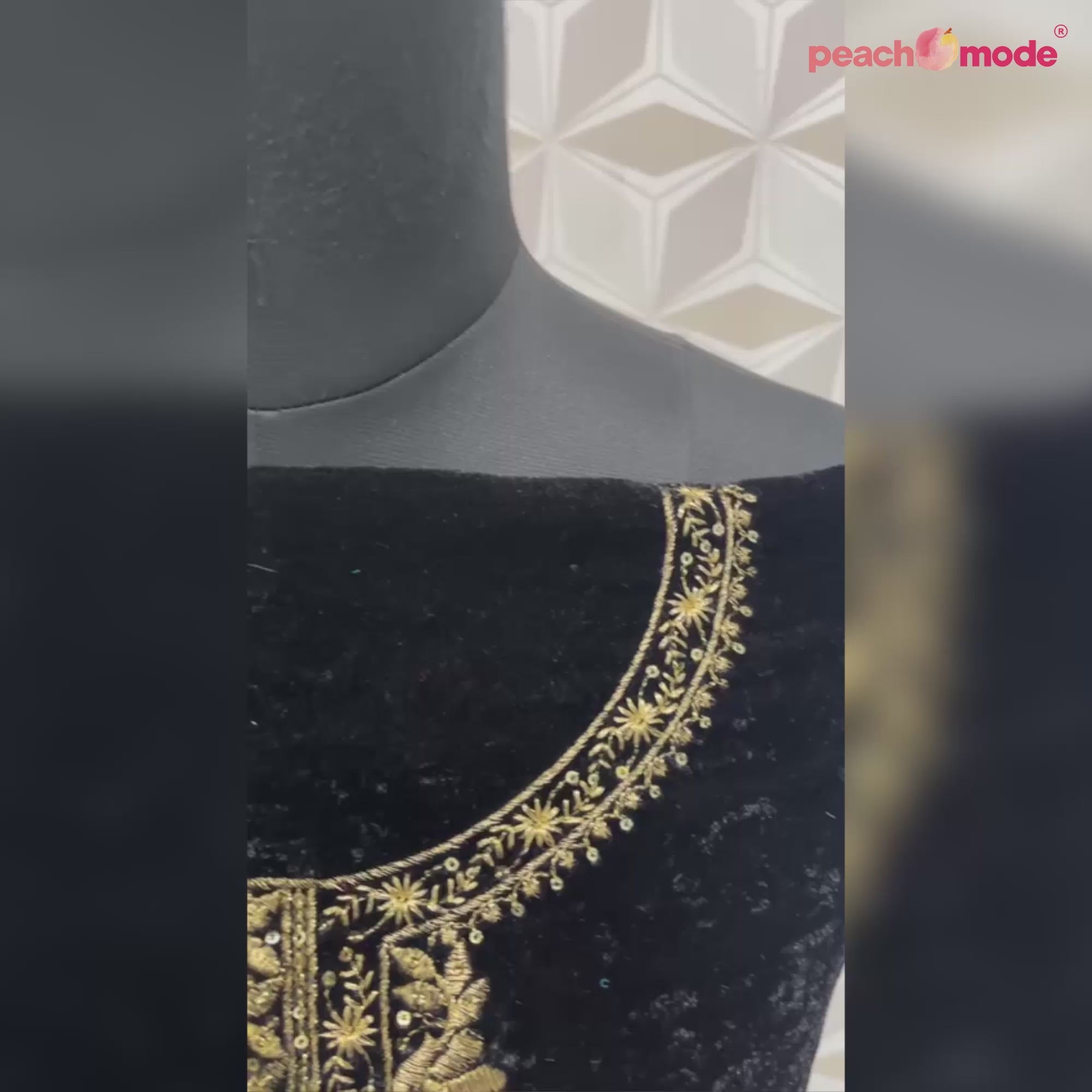 Black Floral Embroidered Velvet Semi Stitched Suit