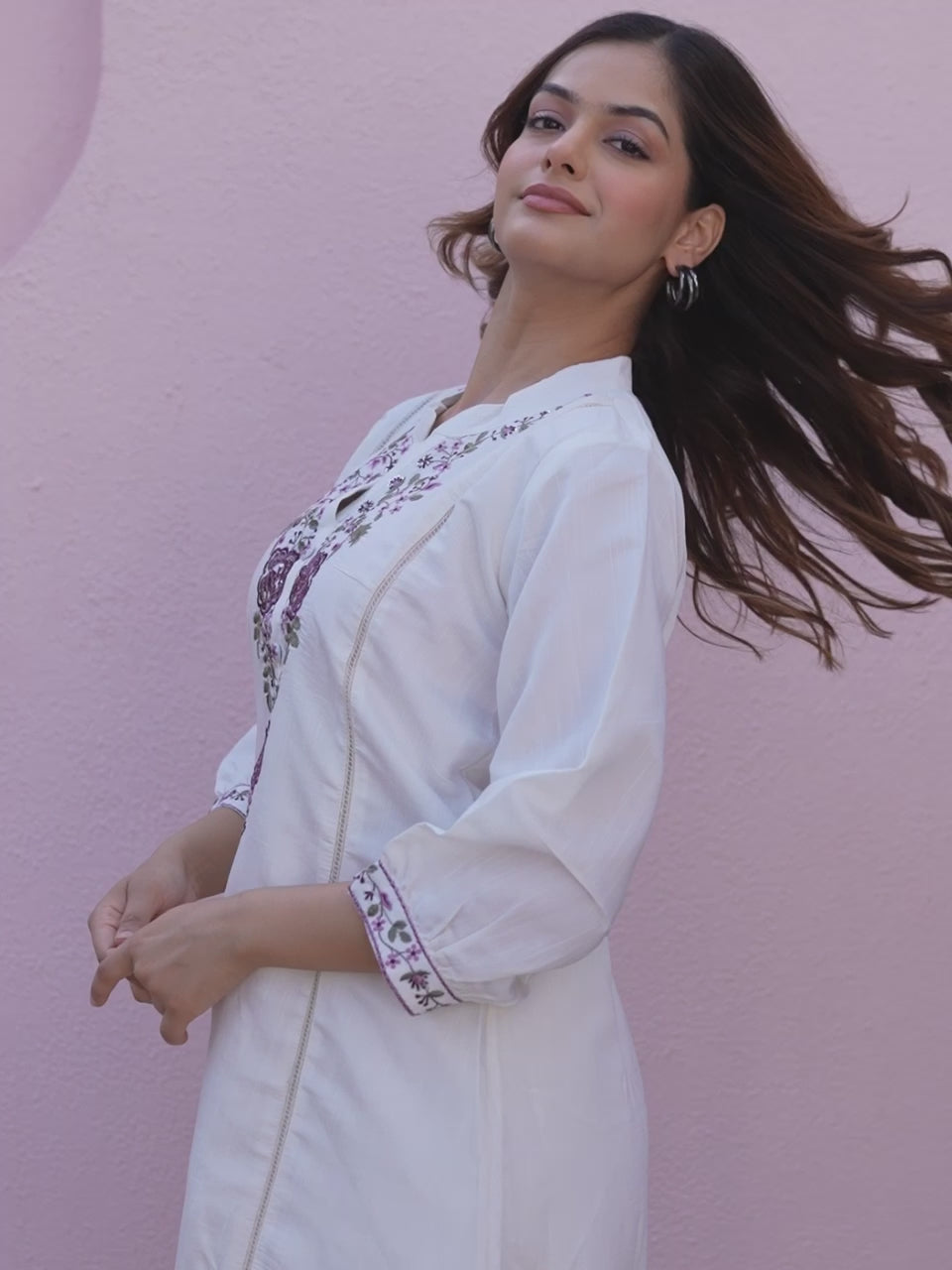 White Viscose Mango Silk A-Line Kurti with Floral Embroidery On Neck