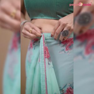 Turquoise Floral Printed Ready To Wear Georgette Saree