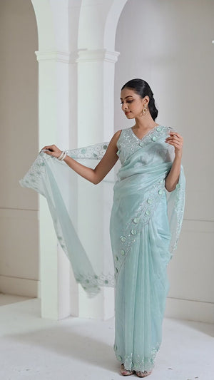 Turquoise Stone Work Soft Organza Saree