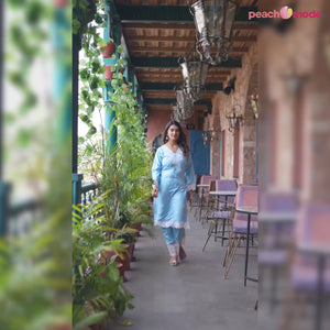 Blue Embroidered Rayon Straight Kurti Sets