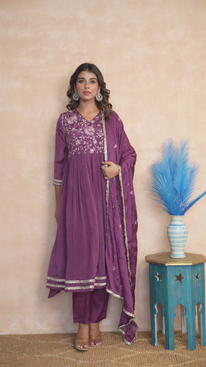 Plum Purple Chinon Anarkali with Floral Pattern & Hand-Beaded Embroidery