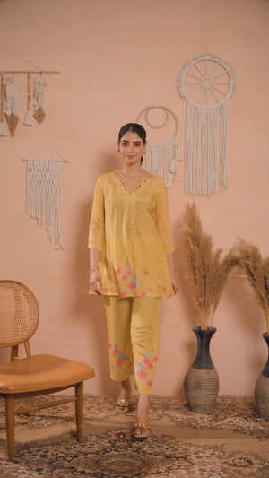 Yellow Floral Digital Print With Handwork Muslin Co-Ord Set