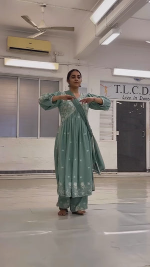 Turquoise Lucknowi Embroidered Rayon Alia Cut Suit